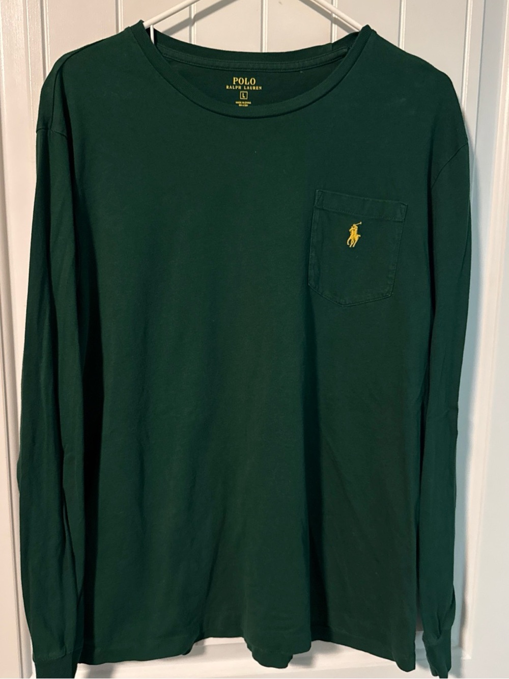 Polo by Ralph Lauren Men Long-Sleeve Pocket Tee in Forest Green with Yellow Pony